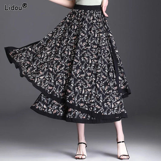 Women&#39;s Clothing Asymmetrical Loose Patchwork Printing Mid-calf Skirts Spring Summer Thin Vintage Casual Elastic Waist Elegant